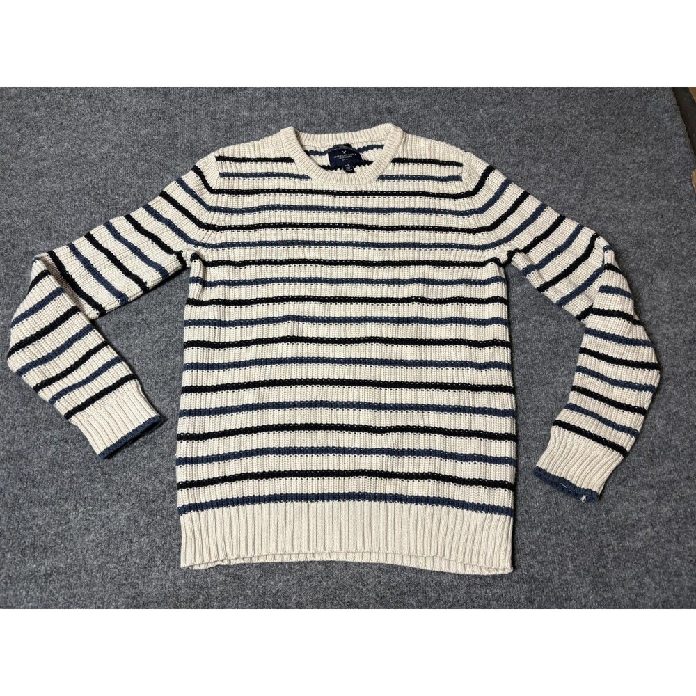 American Eagle Outfitters Sweater Mens M White Stripe Chunky Knit Crewneck